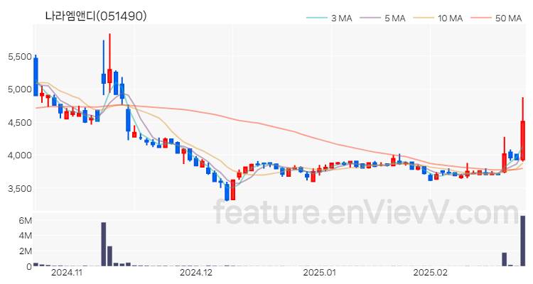 [특징주 분석] 나라엠앤디 주가 차트 (2025.02.24)