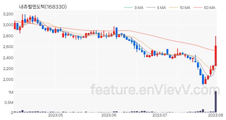 [특징주] 내츄럴엔도텍 주가와 차트 분석 2023.08.02