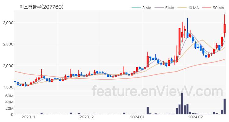 [특징주] 미스터블루 주가와 차트 분석 2024.02.20