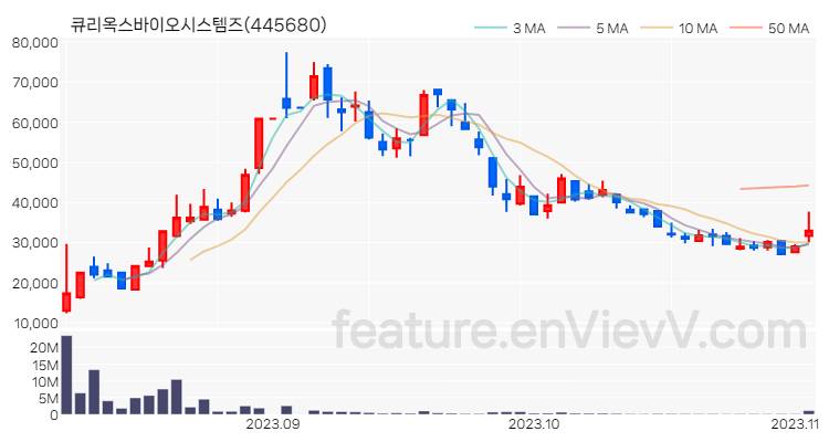 [특징주 분석] 큐리옥스바이오시스템즈 주가 차트 (2023.11.02)